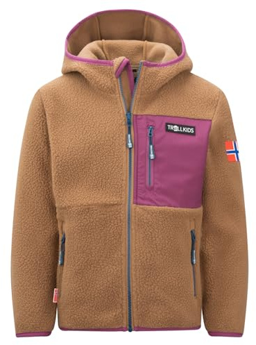 Trollkids Kids Aurlandsfjord Jacket | Warme Jacke aus Sherpa-Fleece, Zwei seitliche Taschen mit Reißverschluss, Angeschnittene Kapuze