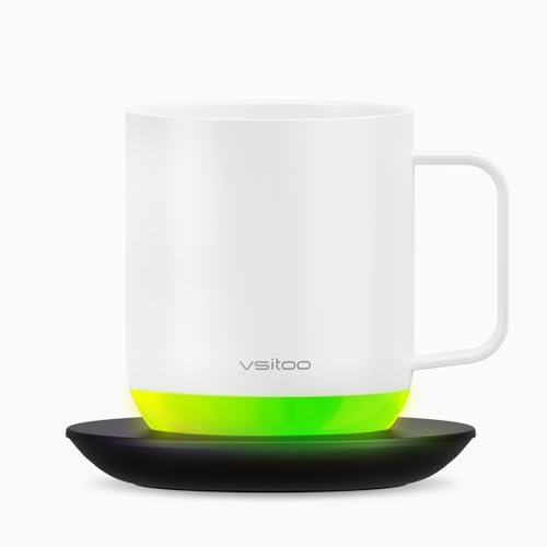 vsitoo Temperature Control Heated Coffee Mug,S6Plus Smart Heated Mug,Suitable for APP Controlled Coffee Warmer Mug,Heating Mug is Rechargeable or Battery Powered,Music RGB Lightsync (12 oz White)