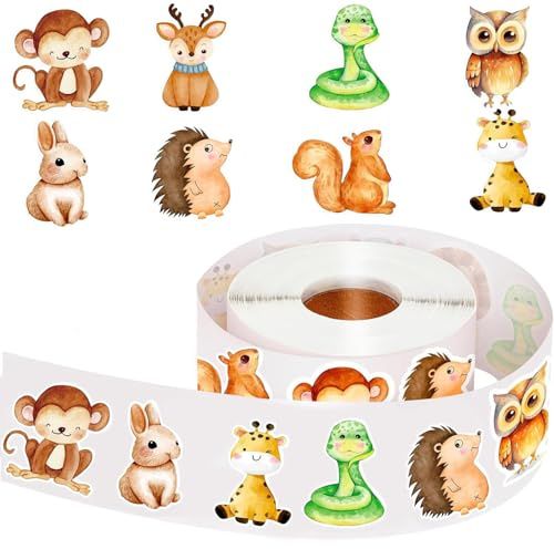 Tier Aufkleber, 500 Stück Aufkleber Tiere Kinder, Animal Sticker Kinder mit 8 Cartoon-Tiermotiven, Tiersticker Selbstklebend Belohnungsaufkleber Rolle für Scrapbooking, DIY Handwerk
