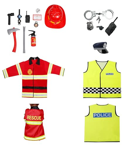 Matissa & Dad Kids Police and fireman Costume and toys set for Dress Up Pretend Play Complete Police Officer and firefighter Uniform Hat Badge world book day costumes for boys Boys Girls