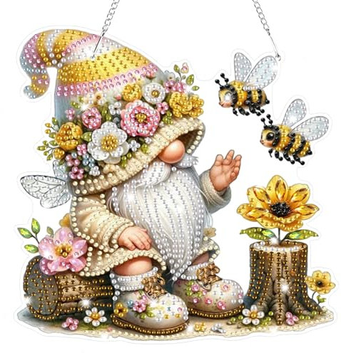 Lxmsja 5D Diamond Painting Anhänger Gnome, Biene Diamond Painting Fensterbilder Beidseitig für Erwachsene Kinder, Bastelset Kreativ Set, Hängend Ornament Kranz Tür Fenster Wand Eingang Decor