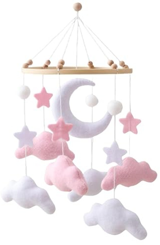 Mobile Baby Rosa weiße Wolke Mond Baby Mobile Babybett,handgemachte Mobile Windspiel Mobile Baby Mädchen Bettglocke Anhänger für Babybett Jungen und Mädchen