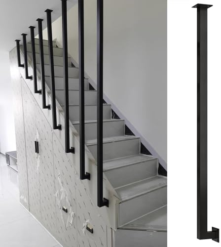 Lonmrrton Schwarzes Treppenhandlauf-Geländerstützset, quadratisches Treppengeländer aus Metall für drinnen und draußen, rutschfestes Haltegriffgeländer für Gartenloft-Villa(105cm)
