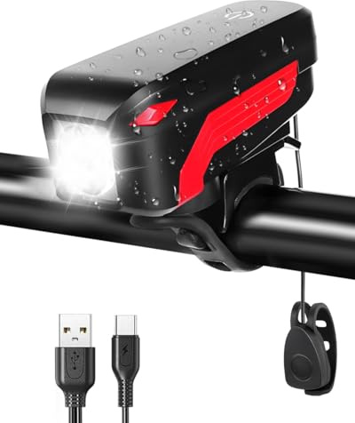 Luz Bicicleta Delantera con Luces Bicicleta Timbre LED Linterna Impermeable Recargable USB-C Luces para Bicicletas Luz Bici de Ciclismo para MTB, Conducción Nocturna, Ligera y Compacta