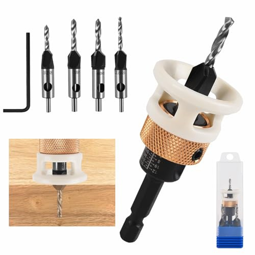 Funnytek 6PCS Countersink Drill Bit Set with Depth Stop Aluminum Alloy | with 1/4 Hex Shank, Woodworking Countersink Bits 2.8mm/3.2mm x 8mm, 3.5mm/4mm x 10mm for Precise Drilling, for Woodworking