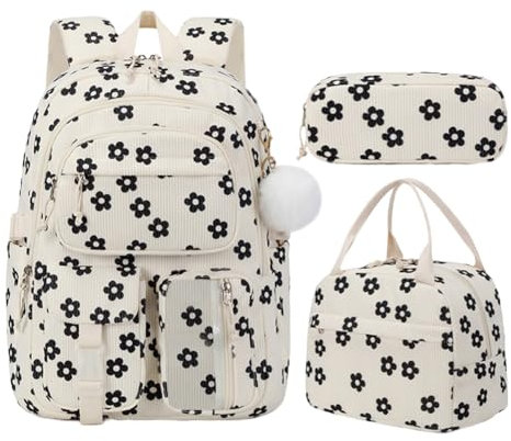 AZURAOKEY Mochila linda estampada de fresas para mujer 3 en 1 mochila estética de pana Kawaii con lonchera y estuche pequeño