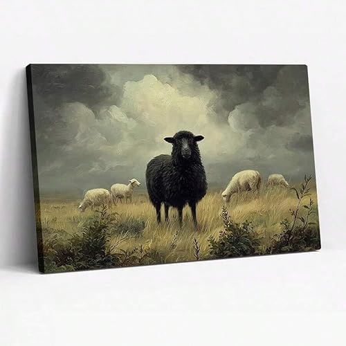 ZHAOLIN Vintage-Leinwandgemälde mit schwarzem Schaf – rustikale Landschaftskunst auf dem Land, elegantes Porträt eines schwarzen Schafs, Wanddekoration für das Wohnzimmer, 30 x 50 cm, rahmenlos