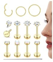 Morfetto 16G Helix Piercings Chirurgenstahl Gold Nasenpiercing Ring Stecker Lippenpiercing Studs 14K Vergoldet Nostril Labret Rook Medusa Conch Tragus Piercing Ohr Ohrstecker Set 8mm