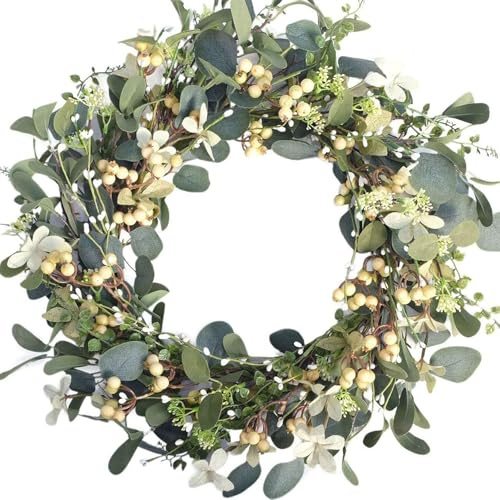 Gcroet Eucalyptus Wreath with Flowers & Berries 20 Artificial Spring Wreath Decorative Realistic Hanging Spring Wreaths for Front Door Wall Wedding Window..