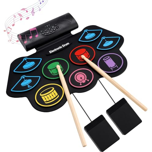 Topteng Set di 9 tamburi elettronici, batteria elettronica, batteria elettronica, percussioni elettriche, pieghevole, con bacchette e pedali, set di esercizi portatili, per principianti e bambini