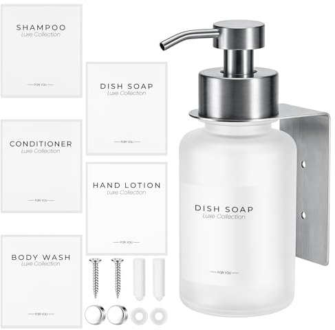Hejo Glas Seifenspender Wandhalterung, 400 ml Mattierter Spender Wandbefestigung Ohne Bohren, Edelstahl Pumpspender für Küche Badezimmer, Seifenspender für Shampoo Conditioner Duschgel(Weiß/Silber)