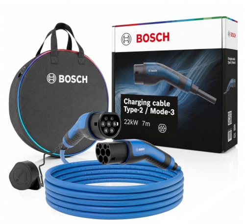 Bosch Cavo di Ricarica Auto Elettrica Tipo 2, Modo 3-22 kW, 7 Metri, 32A | Caricatore Trifase di Tipo 2, Flessibile e Resistente per Veicoli Elettrici e Ibridi Plug-In, con Borsa Portacavo Inclusa