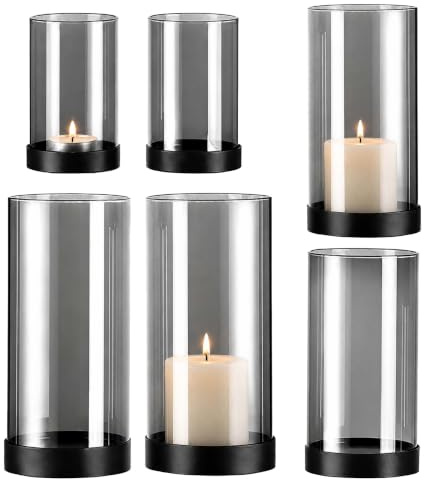 Relaxdays Windlicht 6er Set, Rauchglas mit Metallbasis, grau/schwarz | 3 Größen, für Stumpenkerzen & Teelichte, Tischdeko