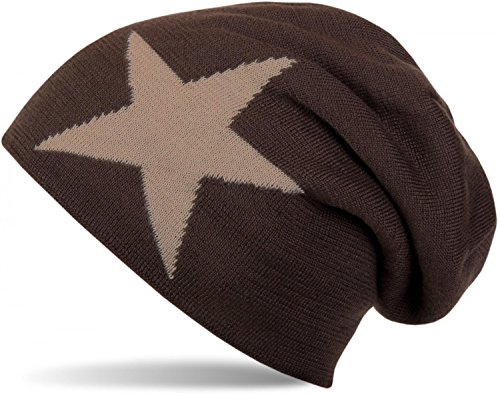 styleBREAKER warme Klassische Strick Beanie Mütze mit Stern und sehr weichem Innenfutter, Unisex 04024026, Farbe:Dunkelbraun