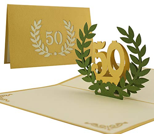 Cartolina auguri nozze d'oro matrimonio, realizzata a mano con tecnologia laser, motivo centrale a comparsa, L11