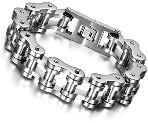 Cupimatch Mens Heavy Gothic 18MM Wide Biker Silver Tone Stainless Steel Motorcycle Chain Bracelet 9.1 (Silver) for Fathers Day