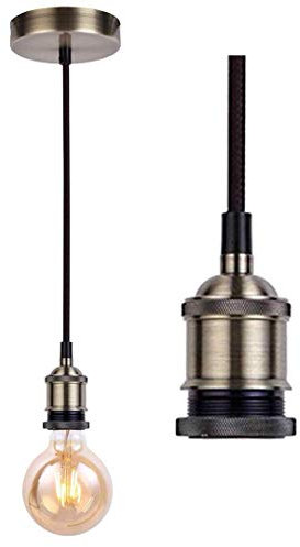 JING Vintage ,Industrial Antique Brass Ceiling Rose, Braided Flex E27 Lamp Holder,Suspended Ceiling Pendant Light Fitting-