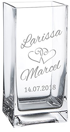Casa Vivente Blumenvase aus Glas mit Gravur, Motiv Herzen, Personalisiert mit Namen und Datum, Dekoration, Hochzeitsgeschenk für Brautpaar