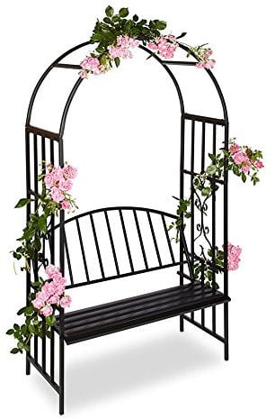 BAKAJI Panchina 2 Posti con Arco da Giardino per Piante Rampicanti in Metallo, Pergolato Griglia per Rose e Piante Colore Nero, (115 x 50 x 205 cm)