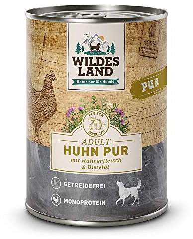 Wildes Land - Nassfutter für Hunde - Huhn PUR - 12 x 400 g - mit Distelöl - Getreidefrei - Extra hoher Fleischanteil von 70% - Beste Akzeptanz und Verträglichkeit