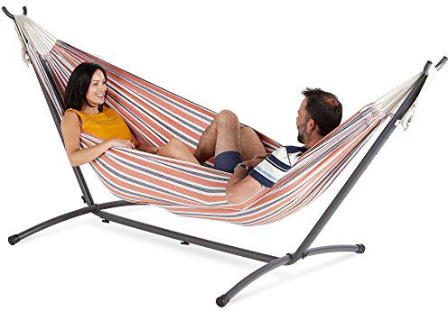 VonHaus Hammock with Stand - Freestanding 2 Person Striped Hammock Seat with Steel Frame - Polycotton Material & Adjustable Frame for Garden - Travel Bag for Beach, Camping & Outdoors - Orange Stripe