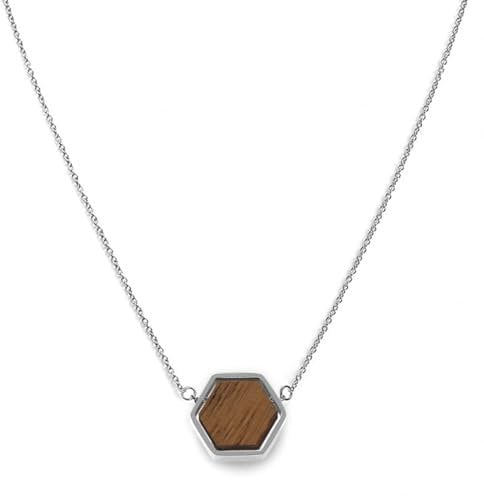 Kerbholz Hexa Necklace – Elegante Damen Halskette aus Walnussholz, Sechseckiger Holzanhänger, Shiny Silver, Verstellbar