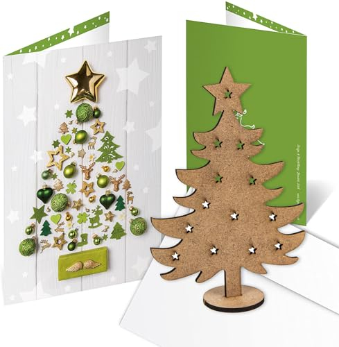 Logbuch-Verlag 10 Weihnachtskarten ohne Text mit Umschlag + mini Weihnachtsbaum aus Holz - kleines Geschenk zu Weihnachten Weihnachtsklappkarte DIN A6