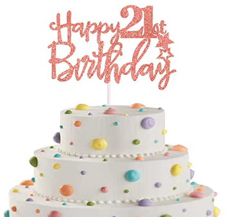 Glitter Card Happy 21st Birthday Cake Topper, Rose Gold Cupcake Toppers for Party Decor, Glitter Cake Decoration for Anniversary Parties