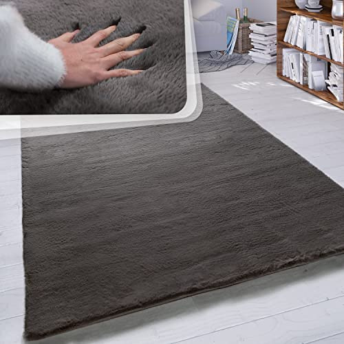 Paco Home Hochflor Teppich Wohnzimmer Schlafzimmer Shaggy Modern Flauschiger Fellteppich Weich Fell Imitat Kunstfell Einfarbig, Grösse:160x230 cm, Farbe:Dunkelgrau