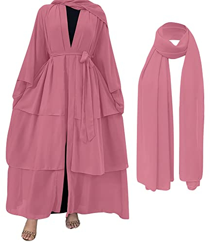 OBEEII Frauen Muslimische Arabischer Islamischer Kaftan Kleid in Voller Länge Arabisches Islamisches Gewand aus dem Nahen Osten Strickjacke Kleid + Hijab Muslimische Kleidung Purpur Rosa L