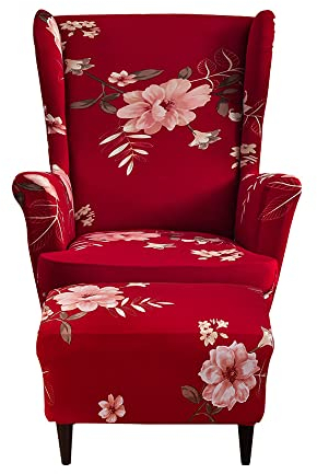 Highdi 2 Teilig Ohrensessel Überzug Mit Ottomane Schonbezug, Sessel-Überwürfe Ohrensessel Schonbezüge Bezug Sesselhusse Stretch Tiger Stuhlbezug mit Armlehne Hohe Rückenlehne (Duftende Blume rot)