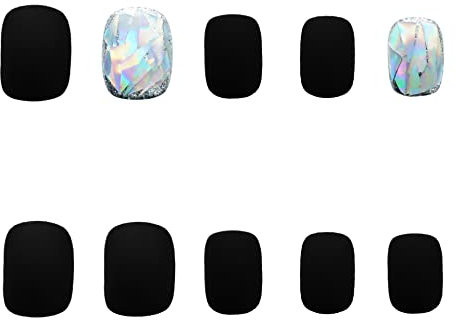 YONAIL 24pcs/set False Nails Short Black Matte Glitter Press on Nails with Glue Designs Square Fake Nails Stick on Nails for Women and Girls