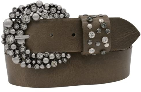 AnnaMatoni Damen Leder Gürtel weiches Rindsleder 3mm stark mit Hochwertiker Strassstein Schließe 4cm breit Damen Ledergürtel (grau 730, TW80 - Gesamtlänge 95cm)