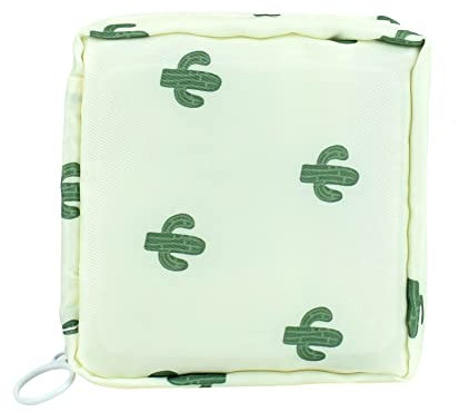Sanitary Napkin Storage Bag Menstrual Cup Pouch Portable Pads with Zipper Feminine Menstruation First Period Bags for Teen Girls Women Ladies. (White - Cactus)
