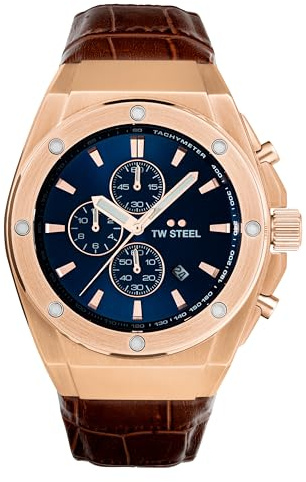 TW Steel Herren Chronograph CEO Tech 2022 in der Farbe Rosegold mit Lederarmband, Gehäusedurchmesser: 44 mm, CE4106