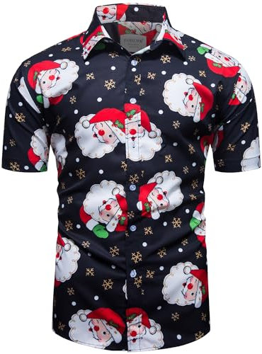 fohemr Men Christmas Hawaiian Floral Shirt Button Down Shirt Santa Claus Funny Printed Short Sleeve Party Holiday Shirt Black Medium
