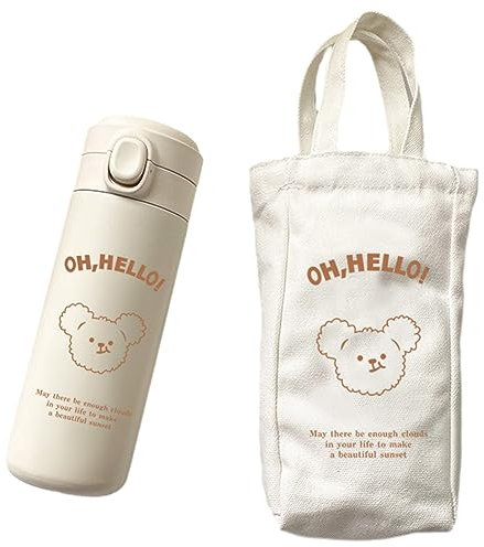 Fiorky Botella de agua aislada de 350/450 ml, botella de agua portátil con diseño de oso Kawaii de acero inoxidable con pegatinas, sin BPA, para ciclismo, viajes, deportes al aire libre (Hol