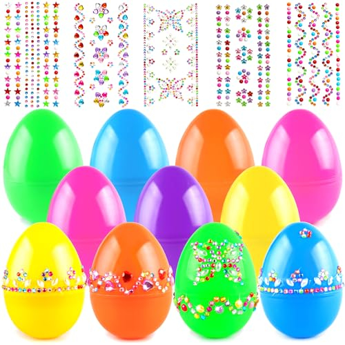 ROSAUI 24x Ostereier zum Befüllen, 8,7 cm Eier aus buntem Kunststoff mit 5 Aufklebern, XXL-Plastikeier große Kunststoff-Ostereier für den Garten