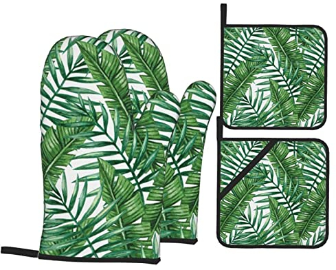 Set di guanti da forno e presine verdi a foglia di banana, guanti da cucina versatili e guanti da forno, protezioni per le mani da cucina, presine resistenti al calore