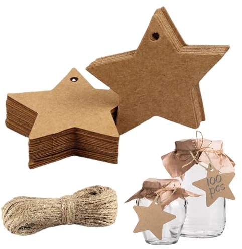 100 Stück Stern Geschenkanhänger Kraftpapier, Stern Geschenk Anhänger, mit 20m Jute-Schnur, für Weihnachtsgeschenke Dekoration, Hochzeitskarten, Geschenkanhänger, DIY-Etikett, Preisschild