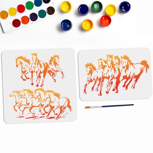 MAYJOYDIY 2 Stück Pferde Tier Schablone 30 × 30/29.7 × 21cm Galoppierende Pferdeschablonen Mit Pinsel Wiederverwendbare Malschablone Mit Pferdeherde Für Stoff Wand Dekorationen Kunsthandwerk