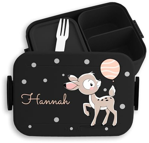 Kinder Bento Box Midi Lunchbox für Mepal Bentobox - Brotbox süßes Reh Vesperdose Rehkitz Jausenbox I - 900 ml - Schwarz - jausendose mädchen personalisierte brotdose kindergarten rehlein tier
