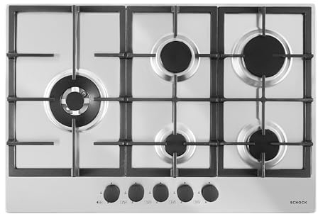SCHOCK | Piano Cottura 5 Fuochi Gas Professional PC75 con Manopole Nere Opache Soft Touch, Griglie in Ghisa, Valvole di Sicurezza, Inox, 740x500 mm