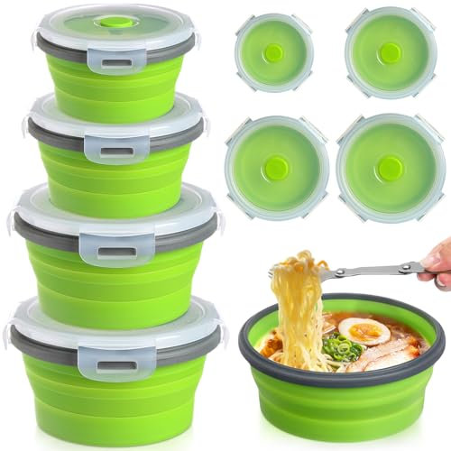 Suclain Lot de 4 bols de camping extensibles en silicone avec couvercle - Bol à déjeuner, bol à salade extensible - Bol de voyage pliable pour la randonnée et la chaleur (30,5 cm, 43,2 cm, 777,1 g,