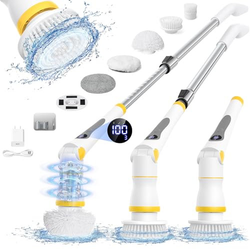 StarVal Limpiador giratorio eléctrico, limpiador de ducha inalámbrico de hasta 460 RPM con 4 cabezales de cepillo reemplazables, mango de extensión ajustable para limpiar baño, tina, cocina, coche