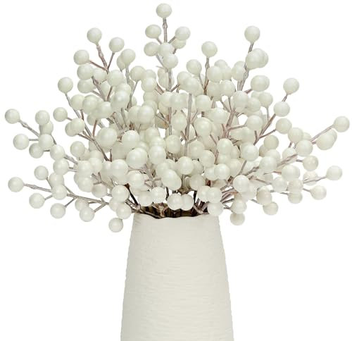 Donfulily 24 tallos de bayas artificiales, 8.7 pulgadas, púas de bayas de acebo para decoración de árbol de Navidad, guirnalda, suministros para hacer coronas, manualidades, arreglos florales (blanco)