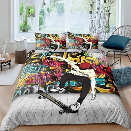 Loussiesd Jungen Skateboard Bettwäsche Set 135x200cm Bunt Graffiti Stil Bettbezug Set für Kinder Mädchen Dekor Extremsports Skate Board Betten Set Hip Hop