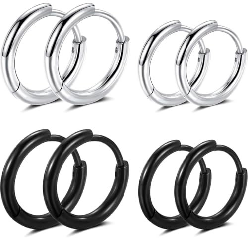 JEYORZY 4 Paare Edelstahl Ohrstecker Set, Ohrringe Männer Creolen, Klein Ohrstecker,Ohrringe Herren, Ohrringe Männer Creolen8MM,14MM(schwarz, silber)
