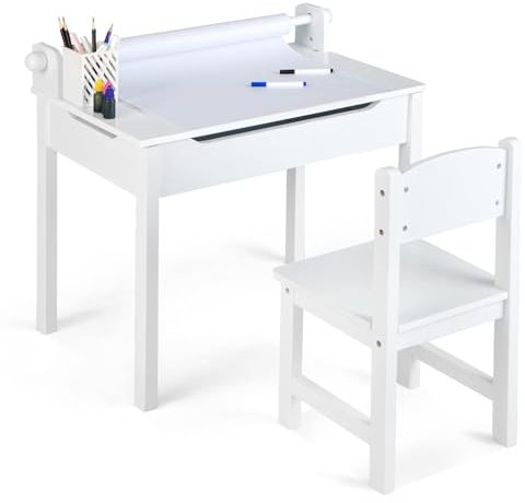 COSTWAY Kinderschreibtisch mit Stuhl, Kindertisch mit klappbarer Tischplatte, Jugendschreibtisch mit Papierrollenhalter & Markern, Schülerschreibtisch für Kinder ab 3 Jahren (Weiß)