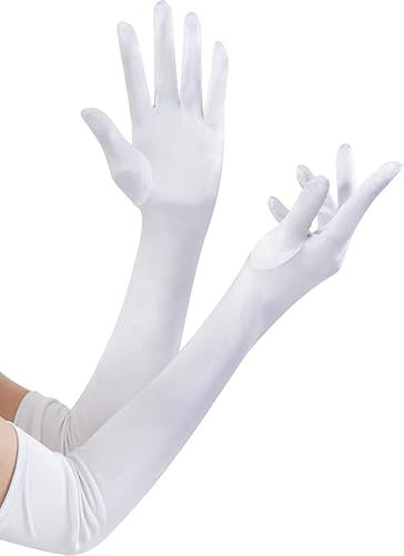 JZK 1 Pair 1920s White satin elbow length gloves for women girls, 55cm long opera evening gloves, stretchy princess fancy dress gloves, costume accessories for wedding, prom, party, dance